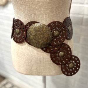 round disc eyelet brown faux leather concho western belt gold disc