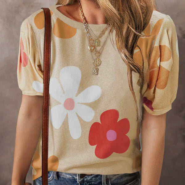 retro floral design short sleeve bubble sleeve top