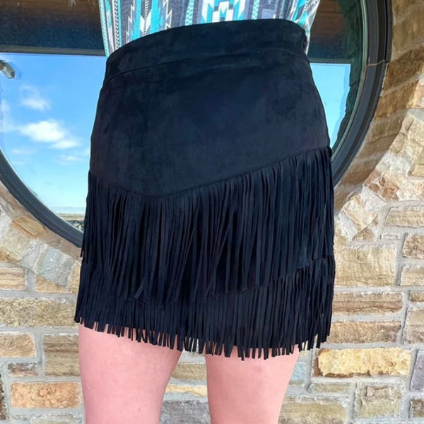 black faux suede fringe skirt