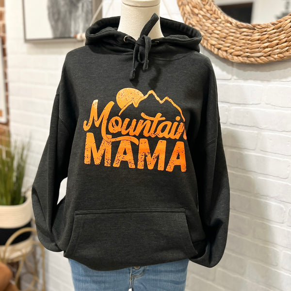 charcoal gray and orange mountain mama hoodie sweatshirt