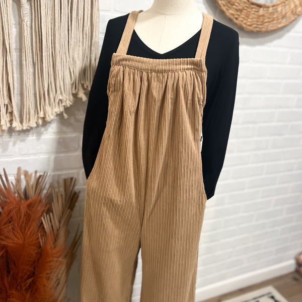 loose fit light brown corduroy overalls bibs 