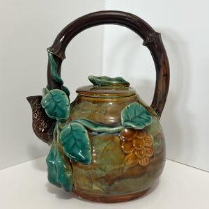 majolica brown teal pottery teapot