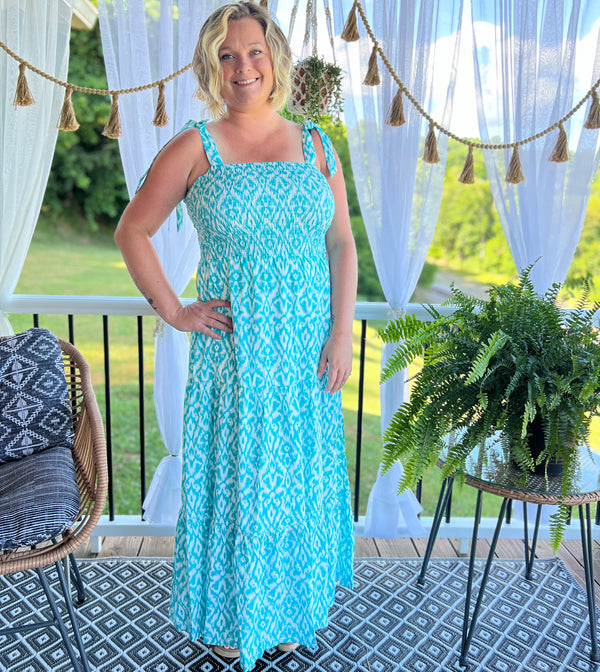 Plus, size smocked, turquoise, maxi, sundress, shoulder tie dress with pockets