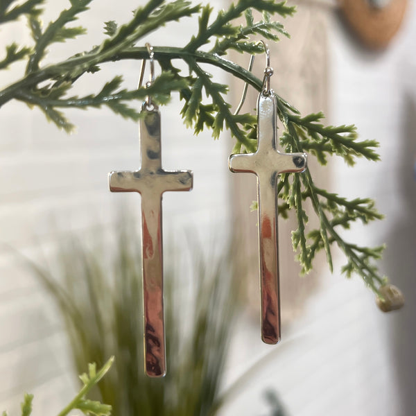 Silver Tone Cross Earrings