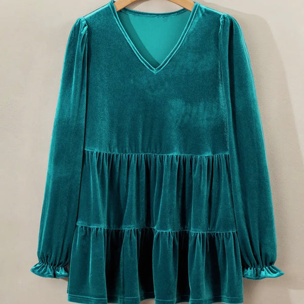 teal blue green vneck tiered velvet top