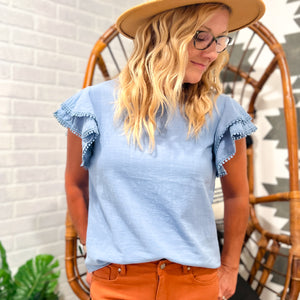 Denim blue ruffle sleeve top