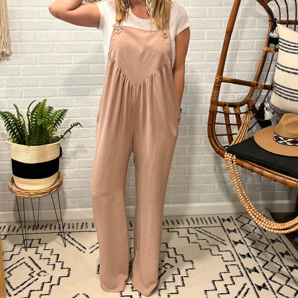 taupe wide leg gathered front jumpsuit