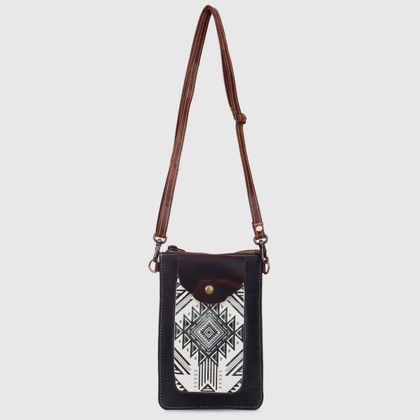black white aztec design upcycled leather and canvas small crossbody
