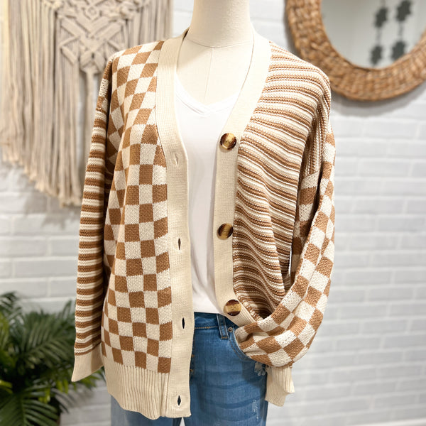 brown and ivory striped checkered color block cardigan