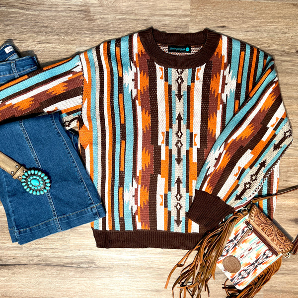 aztec print sweater, western, brown , turquoise, ivory