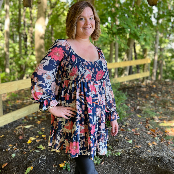 navy pink long sleeve floral dress tunic plus curvy