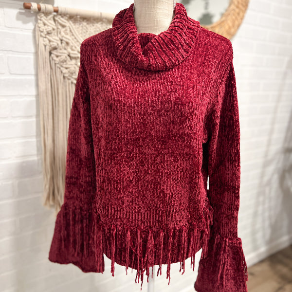 Wine Fringe Bell Sleeve Sweater