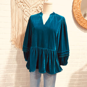 teal blue boho velvet top