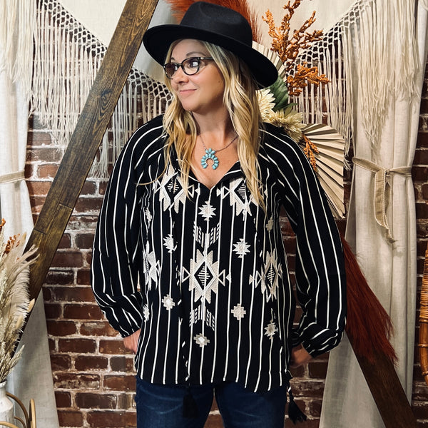 black white striped embroidered aztec long sleeve top