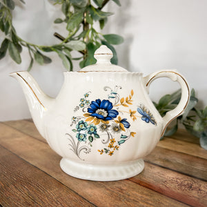 vintag Ellgreave Wood & Sons ironstone teapot blue floral pattern with gold accents