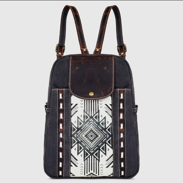 black white aztec design upcycled leather and canvas backpack