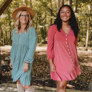 teal blue or mauve pink button front long sleeve dress