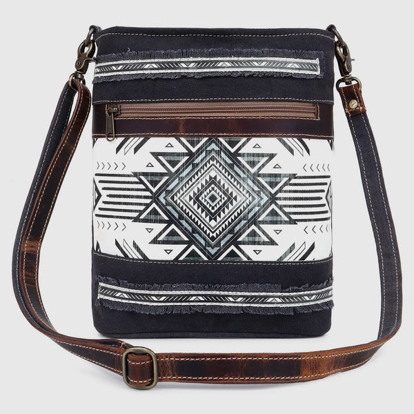 black white aztec design upcycled leather and canvas large crossbody
