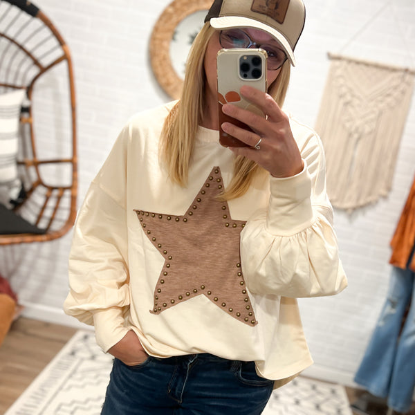 long sleeve ivory top with brown star studded detail western top 