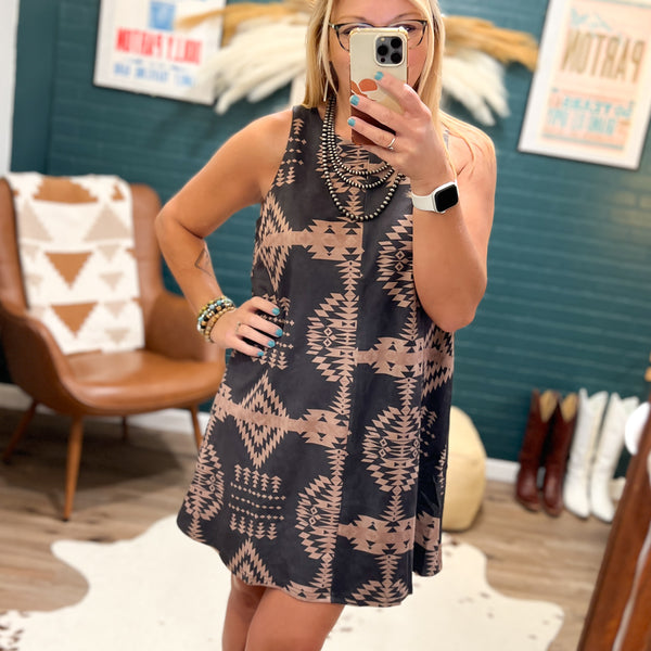 Aztec After Dark Dress, black sleeveless aztec print