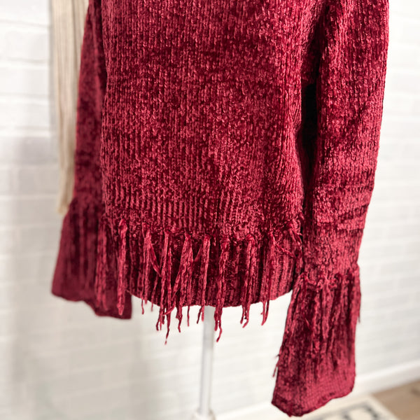 Wine Fringe Bell Sleeve Sweater