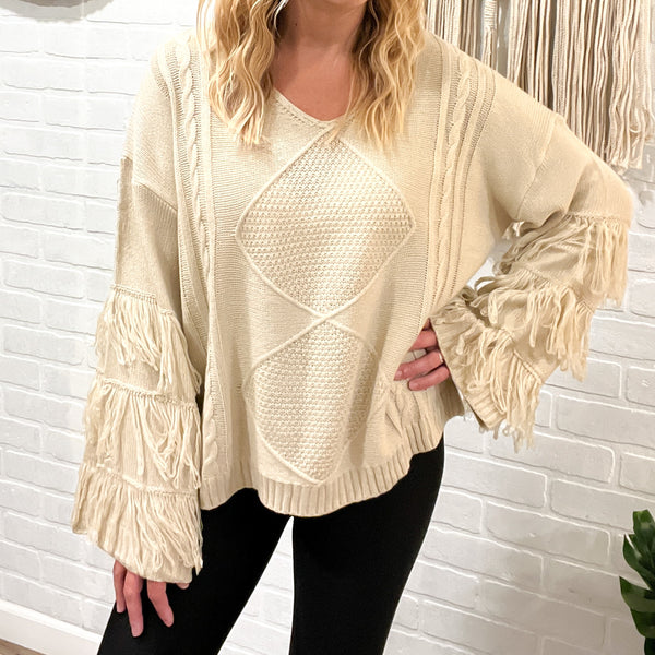 ivory fringe sleeve sweater