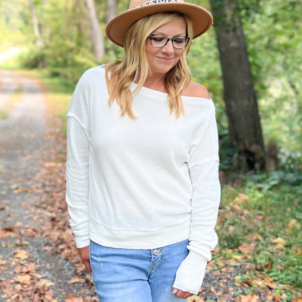 white off shoulder waffle weave long sleeve top