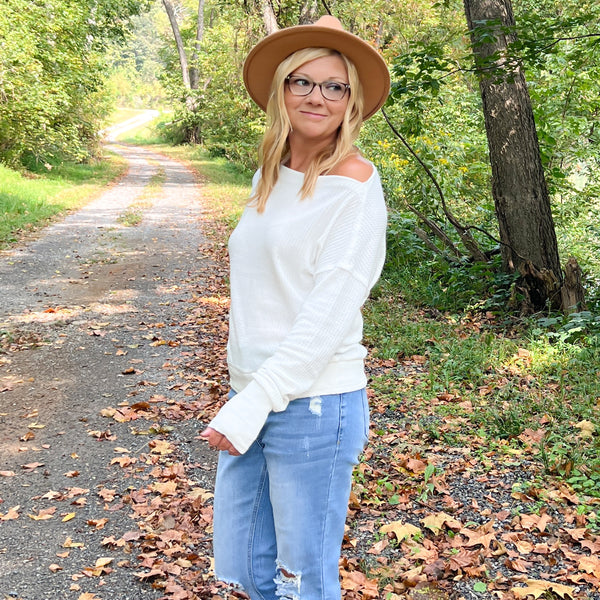 white off shoulder waffle weave long sleeve top