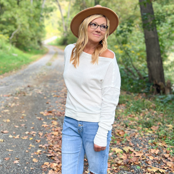 off shoulder waffle knit long sleeve top
