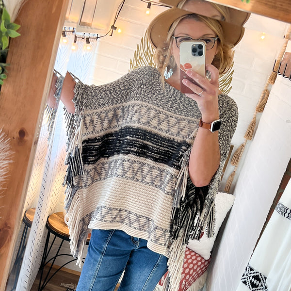 boho fringe poncho sweater gray black ivory