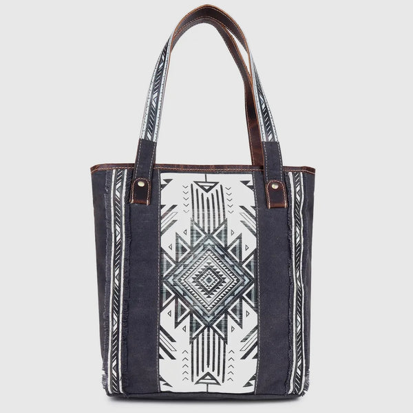 black white aztec design upcycled leather and canvas tote