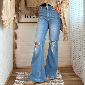 button fly distressed bell bottom flare denim jeans 