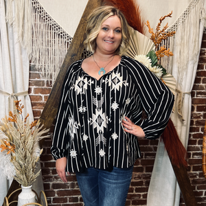 black white long sleeve striped embroidered aztec design top plus size