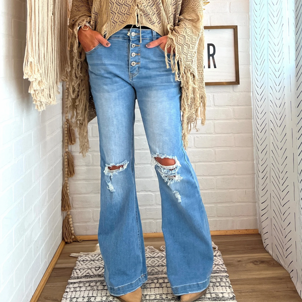 Guinevere Button Fly Distressed Flares