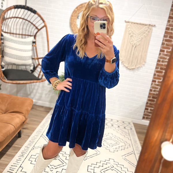 blue velvet tiered vneck dress holiday christmas