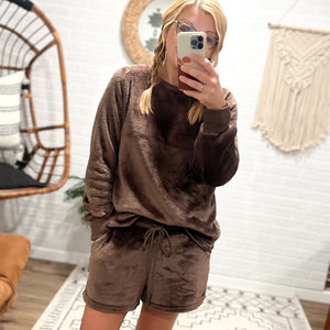 brown fleece long sleeve shorts pajama loungewear set