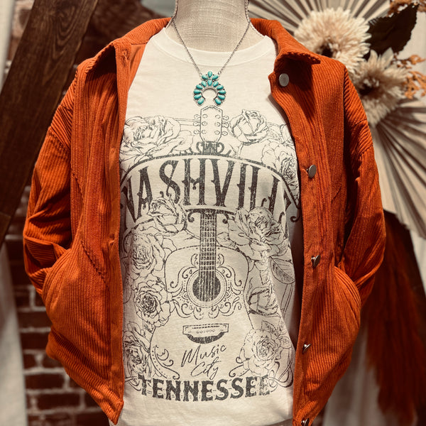 white nashville tee with gray guitar and floral graphic