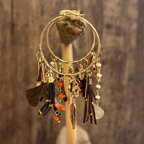 Boho gold hoop earrings with fringe tassels feathers stones