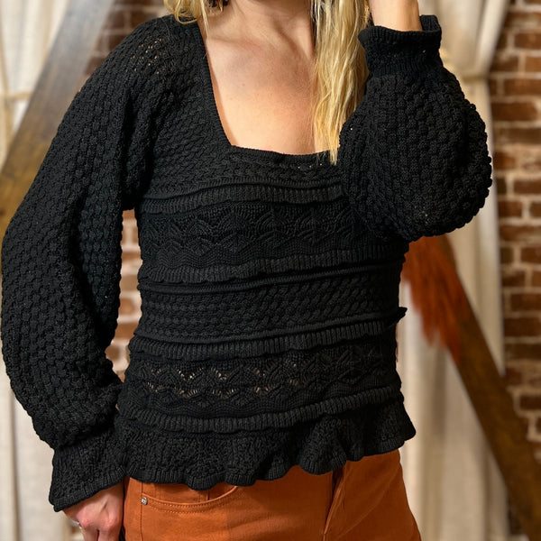 Black cropped crochet ruffle sweater 