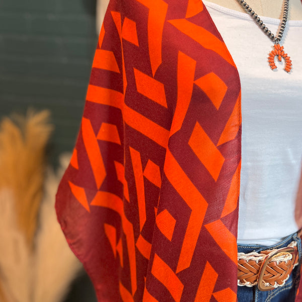 Lane Orange/Maroon Geometric Kimono