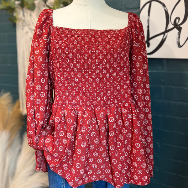 plus size burgundy smocked top peplum
