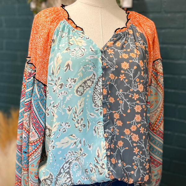 plus size curvy patchwork fall button up blouse top