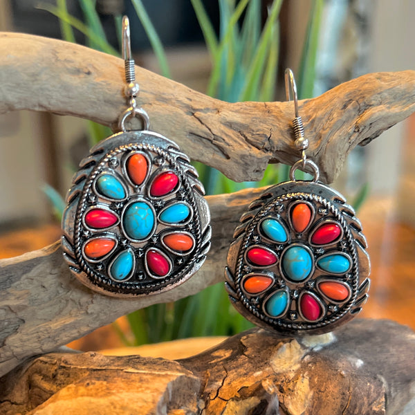 turquiose orange and red silver concho earrings