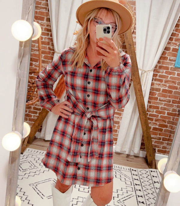 red flannel button down dress with tie front