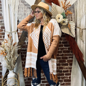 brown and white aztec fringe open front cardigan