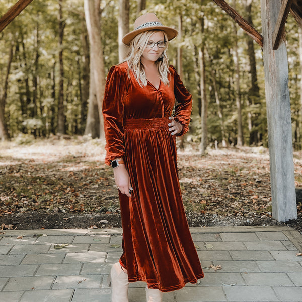 burnt orange long sleeve velvet dress Women's Velvet Smocked Long Sleeves V Neck Midi Tiered Dress In DARK ORANGE