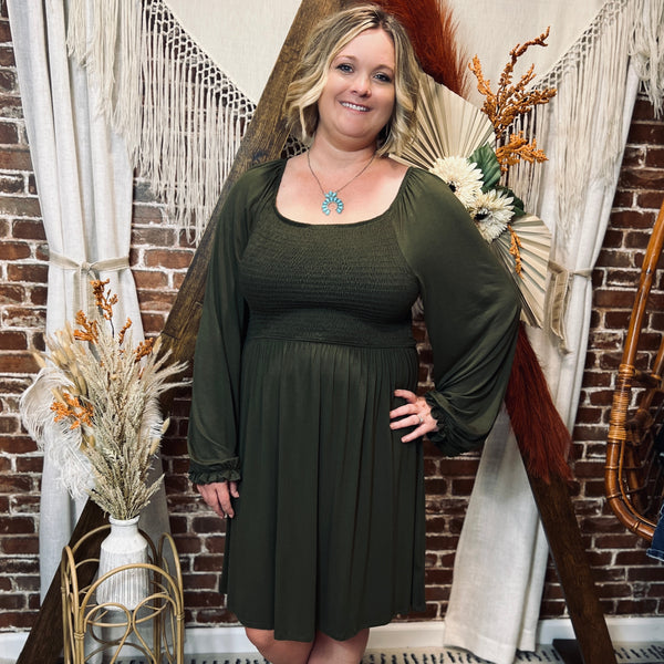 olive green smocked top long sleeve plus size dress