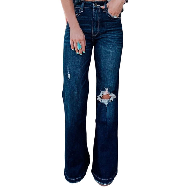 wide leg dark wash distressed denim flared bellbottom jeans