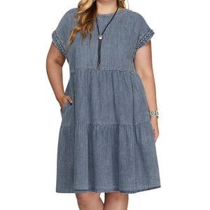 plus size denim tiered dress short sleeve pockets