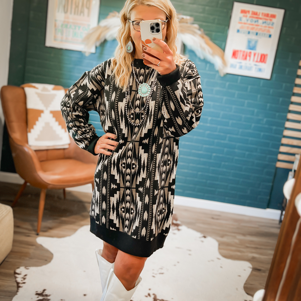 black grey ivory aztec sweater dress